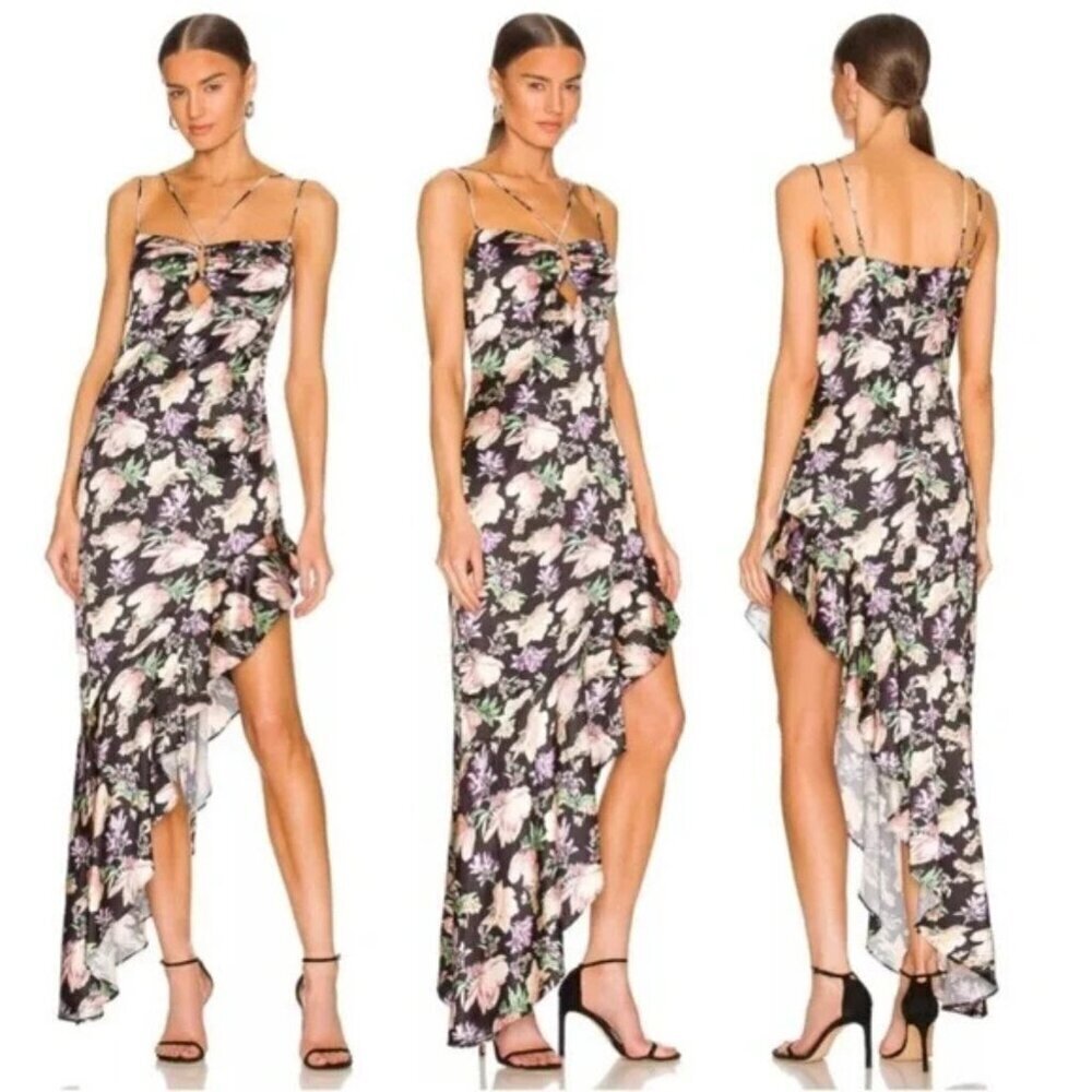 New! Nookie Simone Black Pink Floral Cutout Asymmetric Maxi Dress 37640